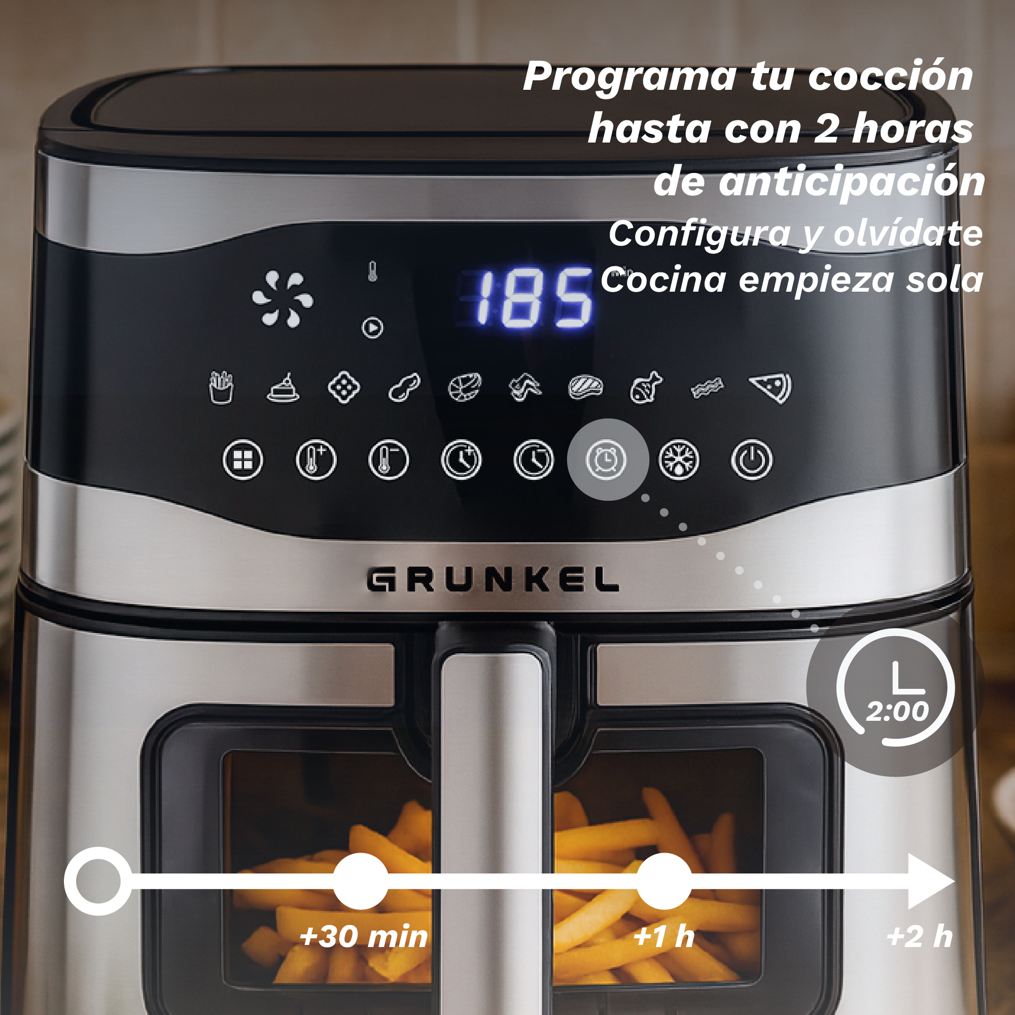 Una freidora de aire con papas fritas dentro. Tiene una pantalla digital e iconos de control. Texto en español. El temporizador muestra 2:00.