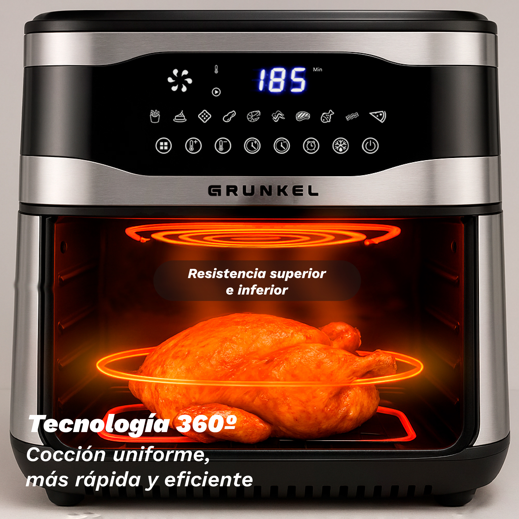 Una freidora de aire con un pollo cocido dentro. Tiene una pantalla digital que muestra 185 grados. La marca es Grunkel.