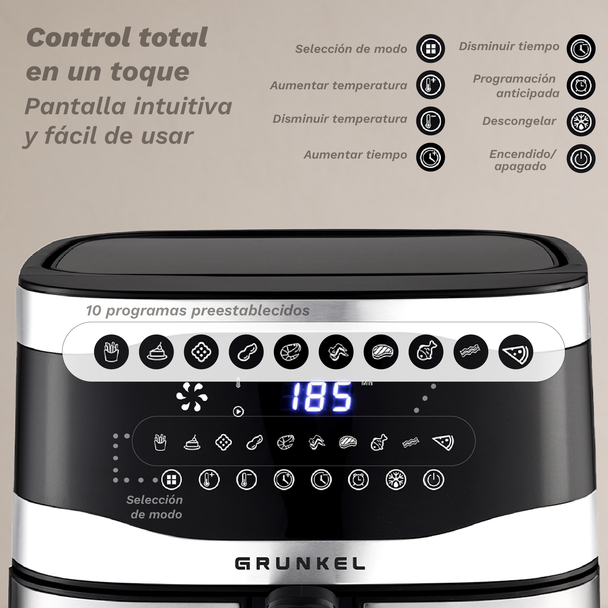 Primer plano del panel de control de una freidora de aire negra con pantalla digital, botones e iconos de alimentos.