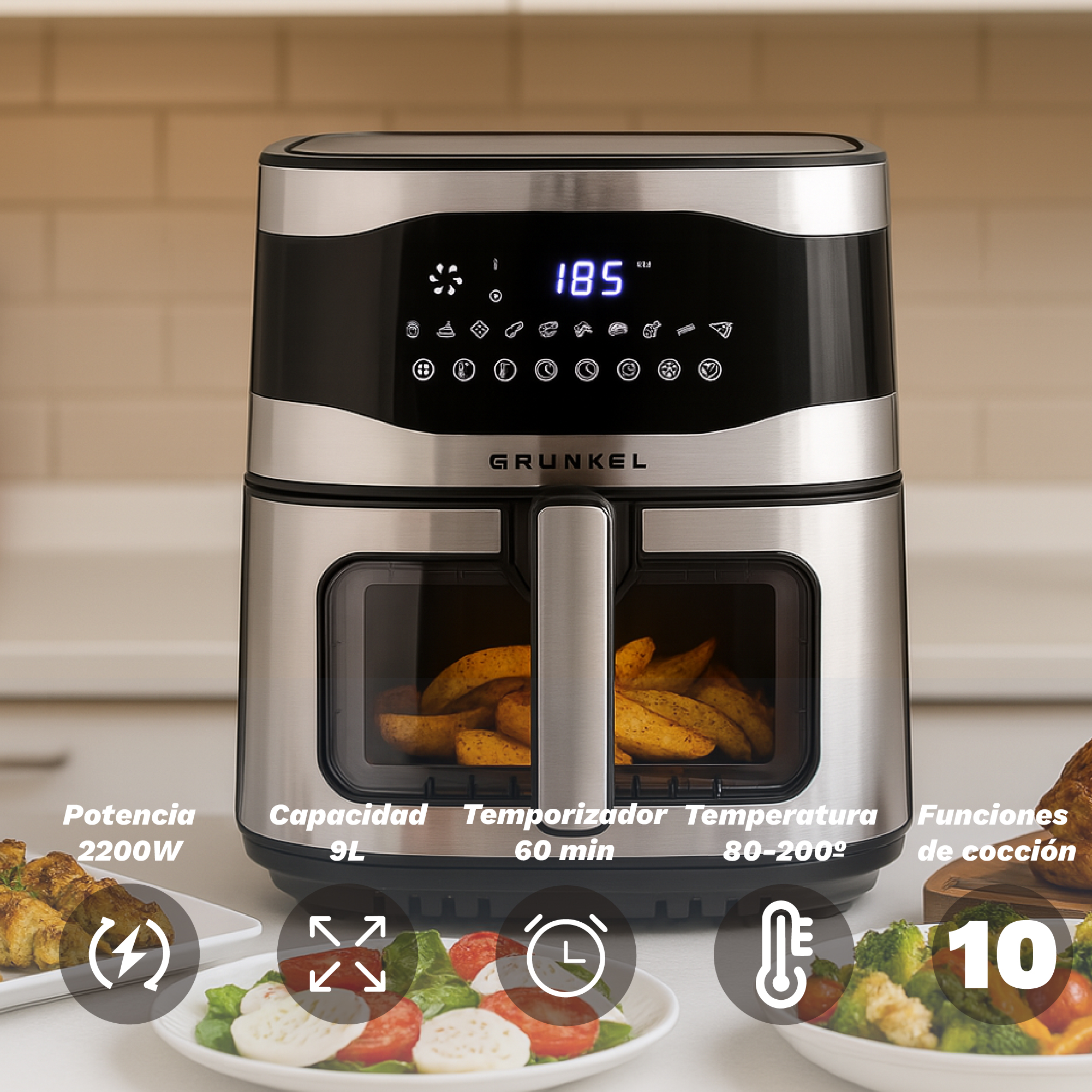 Una freidora de aire con papas fritas dentro, una pantalla digital que muestra 185 e iconos. Las etiquetas muestran potencia, capacidad y opciones de cocción.