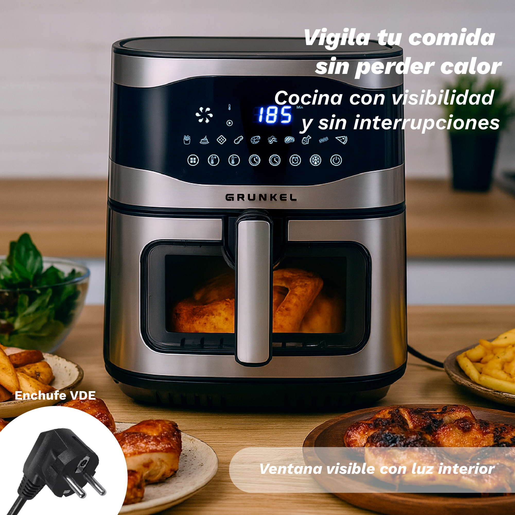 Una freidora de aire con comida visible dentro. Platos de comida la rodean, con texto superpuesto y un enchufe.