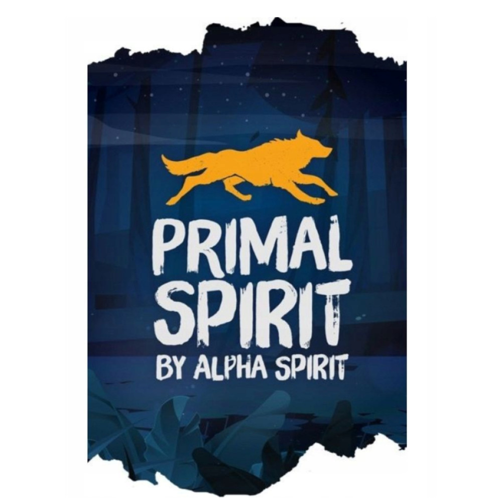 Plakat ze złotym wilkiem skaczącym nad słowami "PRIMAL SPIRIT" i "BY ALPHA SPIRIT" na tle ciemnego lasu.