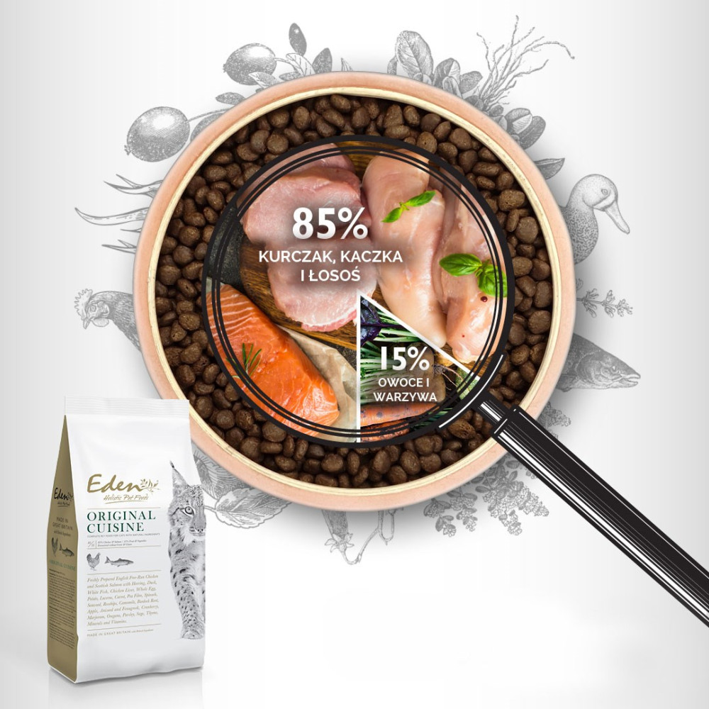Opakowanie karmy dla kotów ze składnikami: kurczak, kaczka, łosoś, owoce i warzywa. Lupa pokazuje procenty.