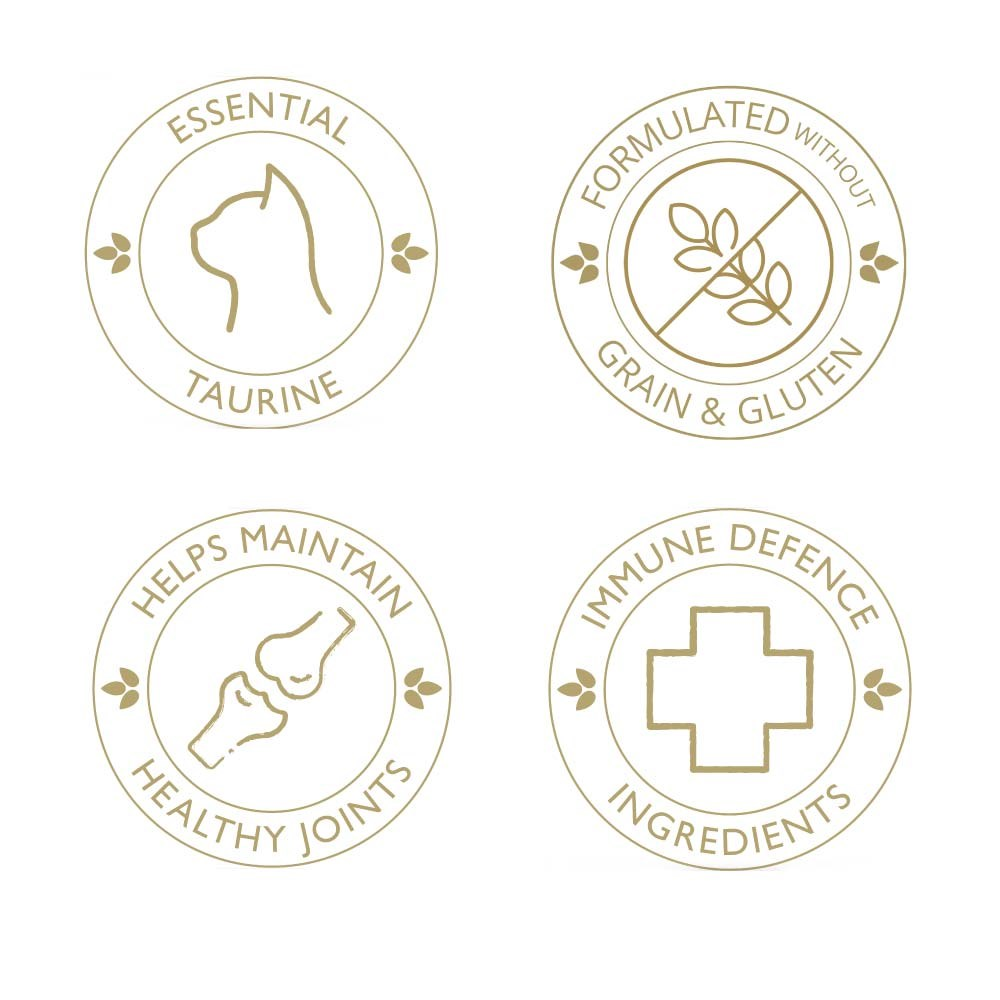 Cztery złote okrągłe odznaki: kot, bez zbóż i glutenu, ikony stawów i krzyża, otoczone tekstem.