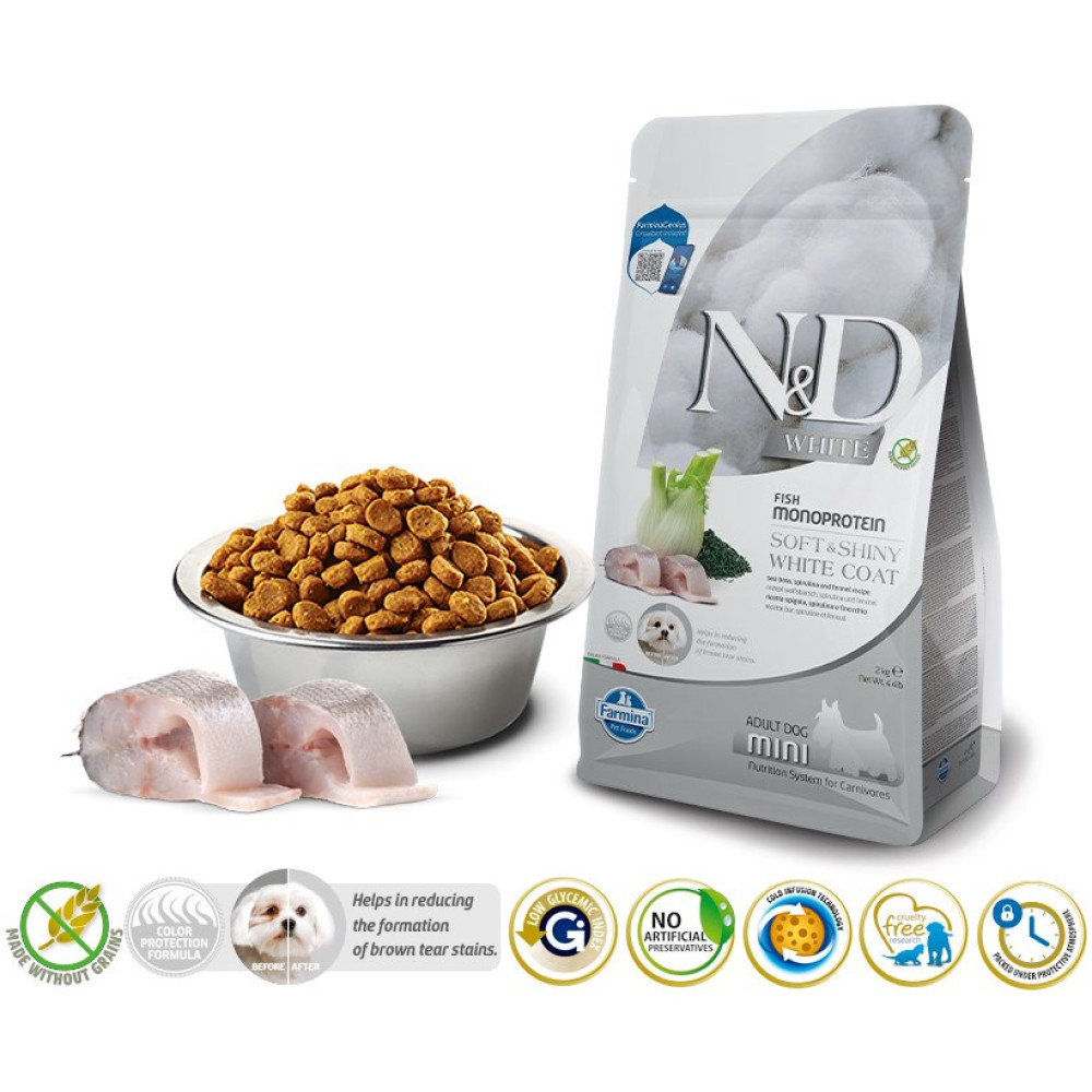 Torba z karmą dla psów z krokietami w misce, plastrami ryby i ikonami. Na torbie napis 'ND White' i 'Fish Monoprotein'.