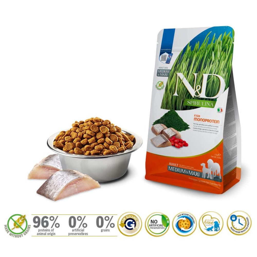Bolsa de comida para perros con espirulina, un cuenco de pienso y rodajas de pescado. También, iconos con texto como '96% origen animal'.