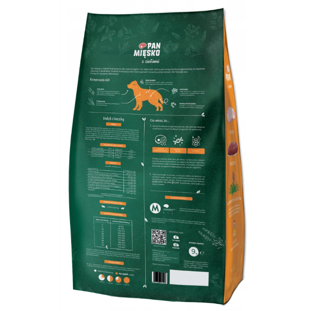 Torba z karmą dla psów z tekstem i ilustracją psa. Zielono-pomarańczowy schemat kolorów. Zawiera informacje o składnikach.