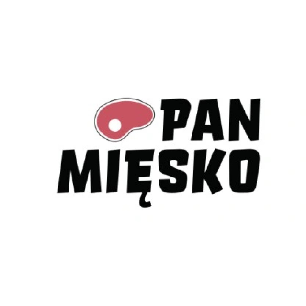 Logo z napisem 'PAN MIĘSKO' i ikoną steka. Czarny tekst na białym tle. Stek jest różowy z białą kropką.
