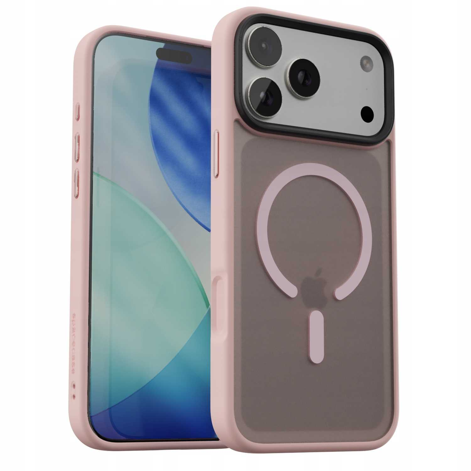 Różowe etui na telefon z telefonem w środku. Etui ma magnetyczny okrągły wzór. Ekran pokazuje niebiesko-zielone tło.