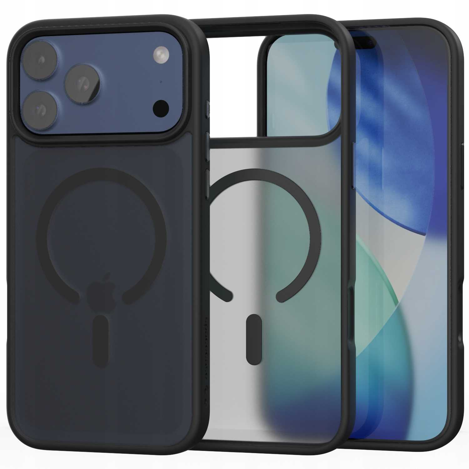 Trzy etui na telefon: czarne, przezroczyste i telefon. Czarne etui ma pierścień magnetyczny, przezroczyste to ramka.