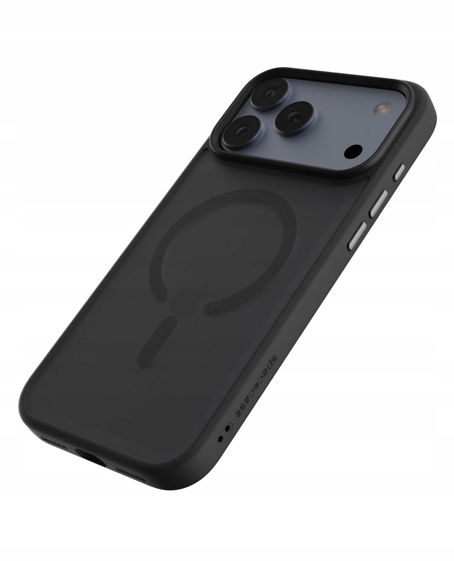 Czarny futerał na telefon z przezroczystym wycięciem na aparat, okręgiem magsafe i logo spacecase. Sam telefon ma trzy obiektywy.