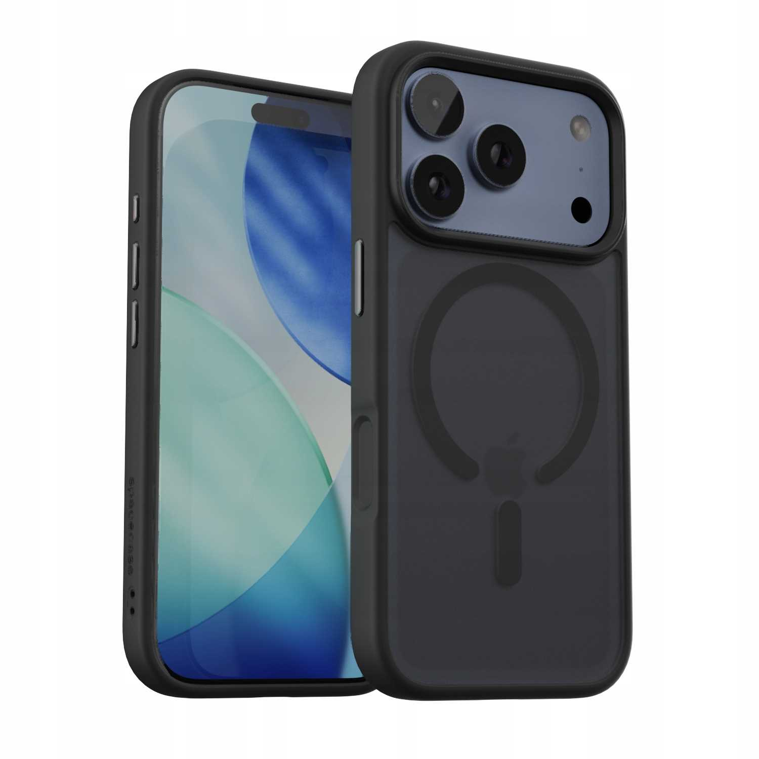 Dwa czarne etui na iPhone'a, jedno z telefonem w środku. Etui mają pierścień magnetyczny i wycięcie na aparat.