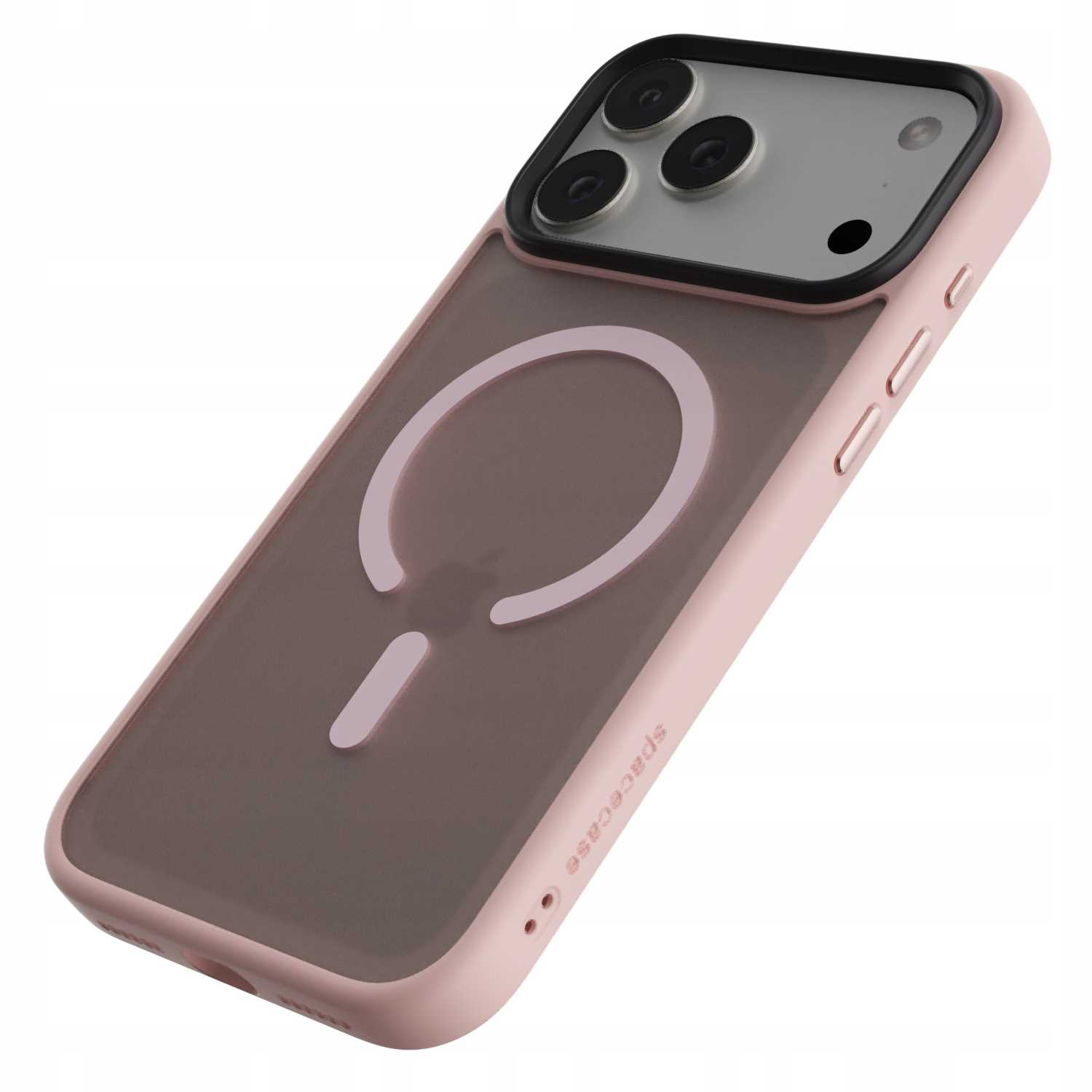 Różowe etui na telefon z szarym tyłem i czarnym obszarem aparatu. Etui ma okrągły wzór i napis 'spacecase'.