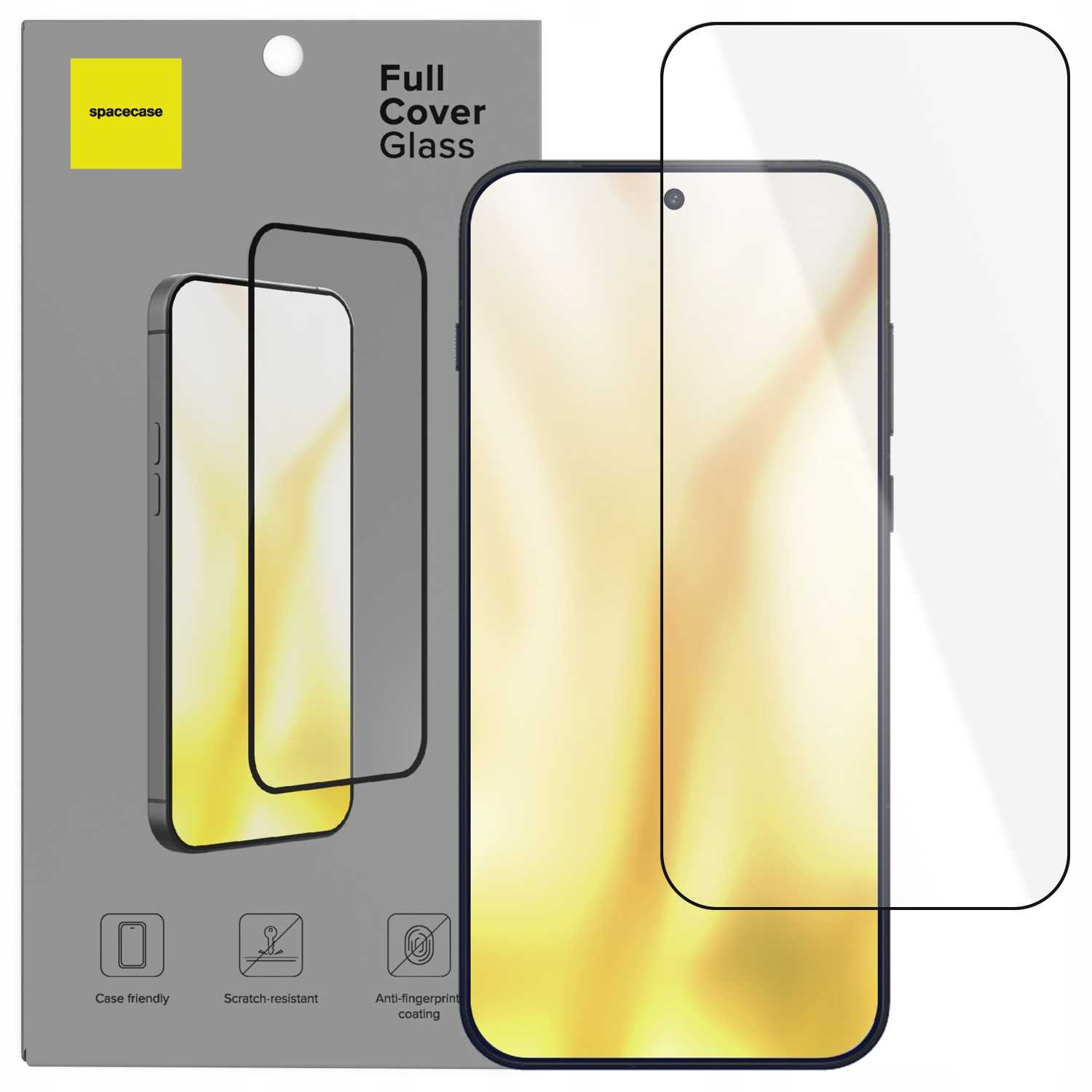 Opakowanie ochraniacza ekranu telefonu z obrazem telefonu i ochraniaczem. Tekst: Full Cover Glass, spacecase. Cechy: przyjazny dla etui, odporny na zarysowania.
