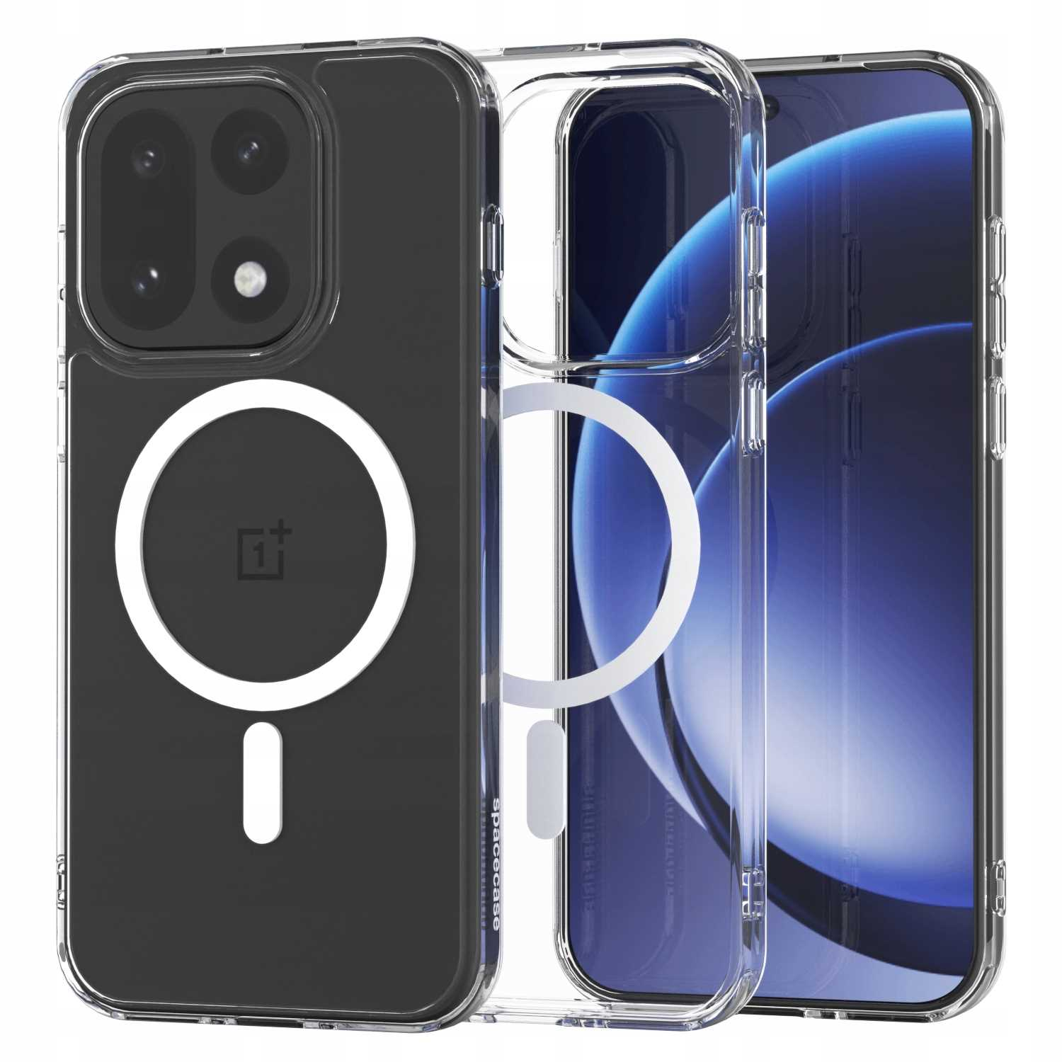 Przezroczyste etui na telefon z telefonem w środku. Etui ma białe koło i znak minusa. Telefon ma niebieskie tło.