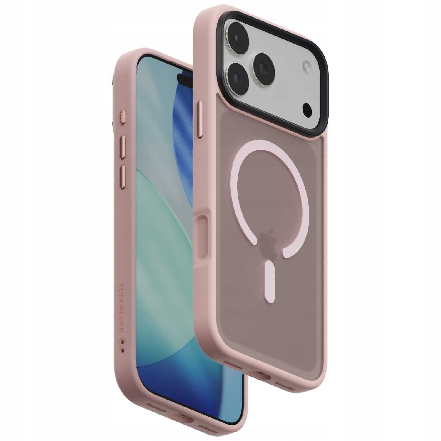 Różowe etui na telefon z przezroczystym tyłem, pokazujące telefon z ekranem. Etui ma magnetyczne koło.