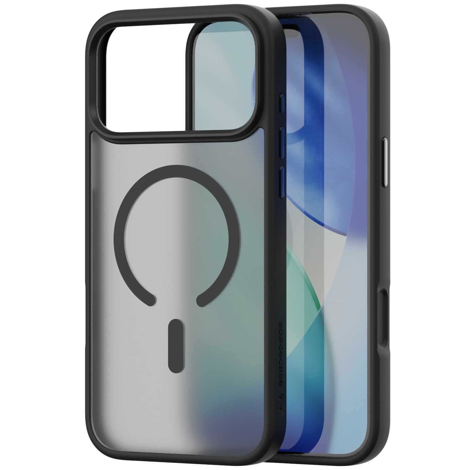 Czarne etui na telefon z przezroczystym tyłem. Etui ma magnetyczne koło i czarną ramkę. W środku jest telefon.