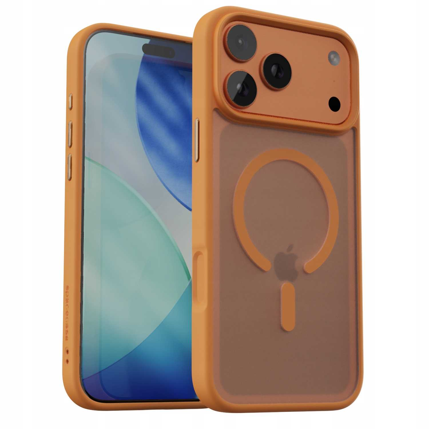 Pomarańczowe etui na iPhone'a z pierścieniem magnetycznym, a ekran telefonu wyświetla tapetę.