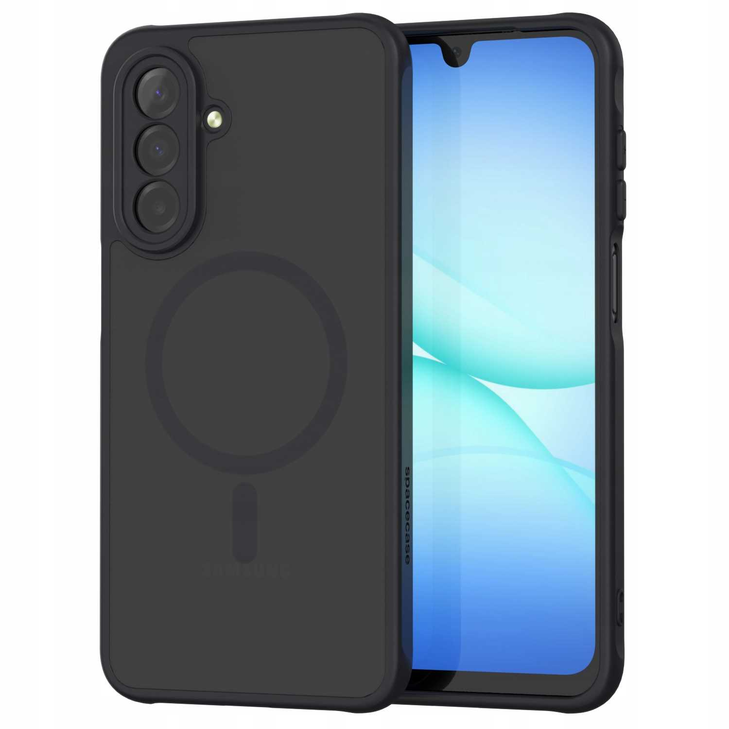Czarna obudowa na telefon z telefonem w środku. Obudowa ma wycięcie na aparat, magnetyczne koło i logo Samsung.