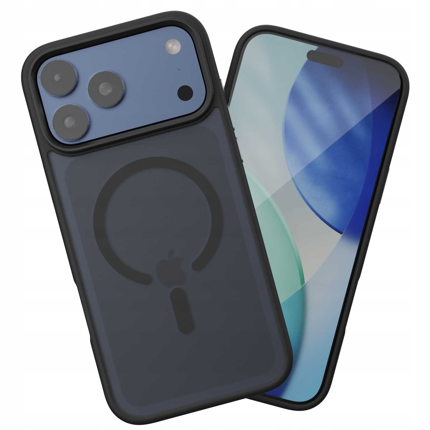 Dwa telefony w czarnych etui. Jeden pokazuje ekran, drugi ma obiektywy aparatu i okrąg MagSafe z logo Apple.