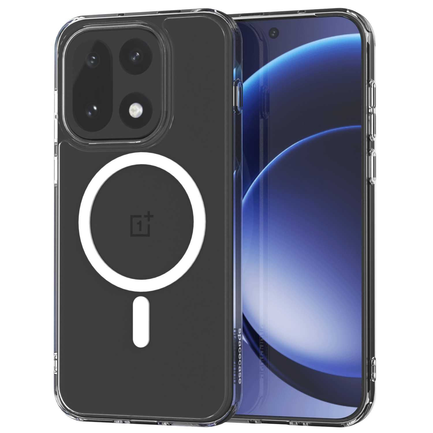 Przezroczyste etui na telefon z telefonem w środku. Etui ma białe koło i znak minus. Ekran pokazuje niebieski wzór.