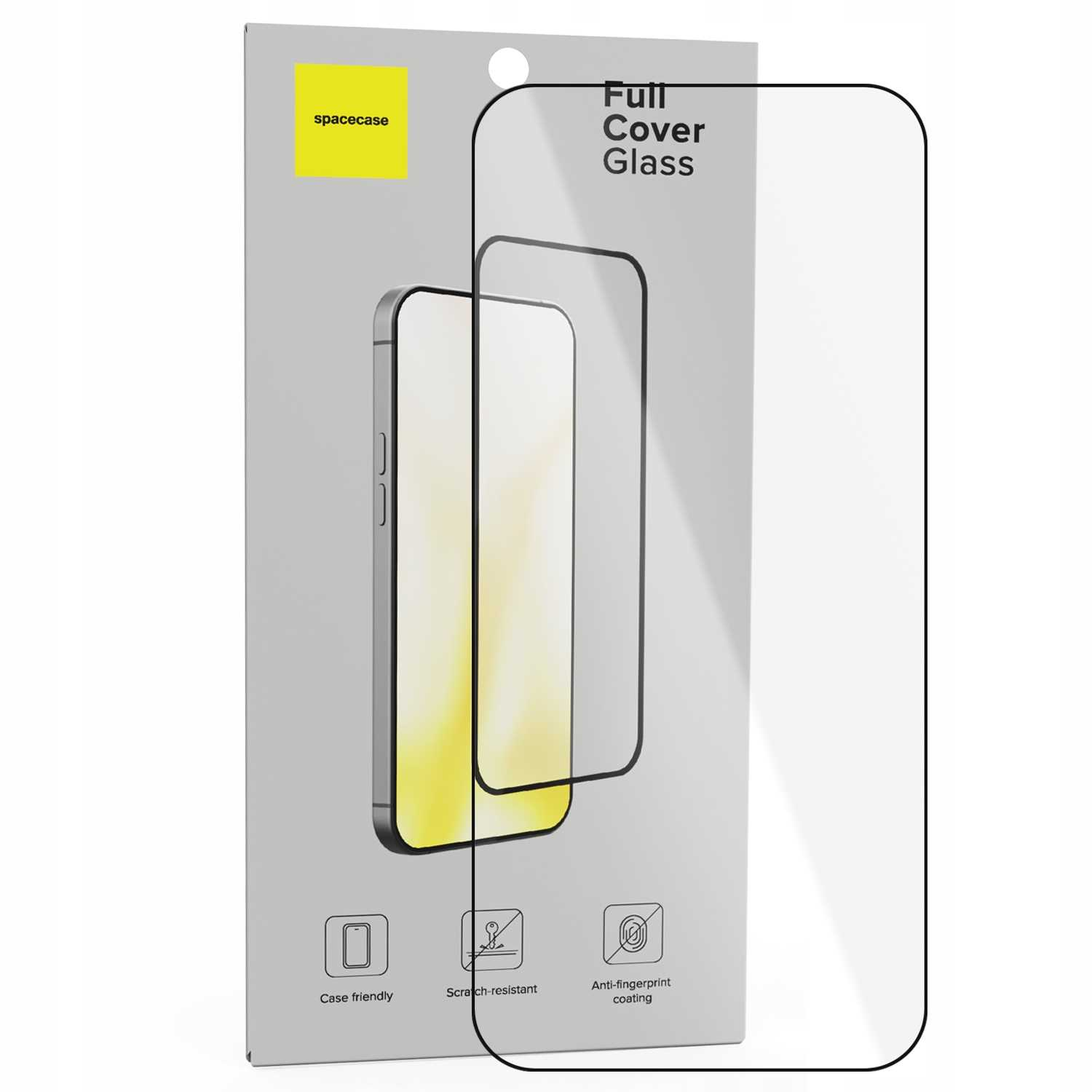 Ochraniacz ekranu telefonu w pudełku, z obrysem telefonu. Tekst brzmi 'Full Cover Glass' i 'spacecase'.