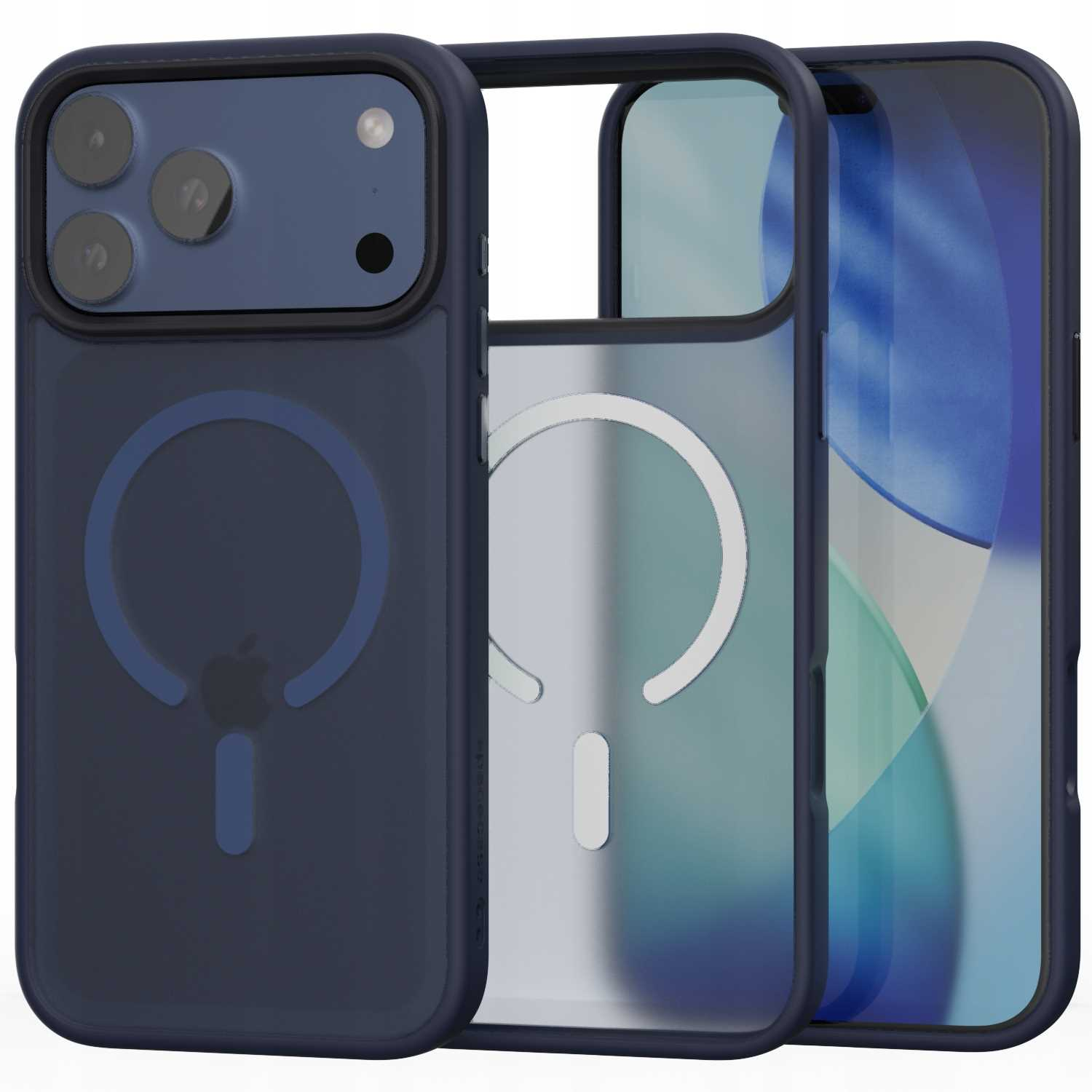 Trzy etui na telefon: granatowe, przezroczyste i telefon. Granatowe etui ma wycięcia na aparat i logo Apple.