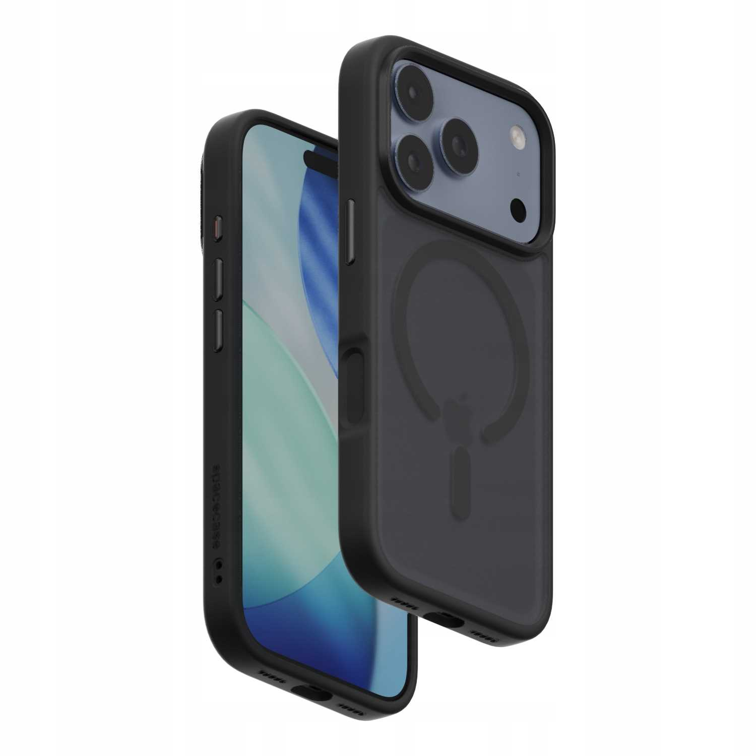 Dwa czarne etui na iPhone'a. Jedno otwarte, pokazujące ekran. Drugie ma wycięcia na aparat i okrągły wzór z tyłu.
