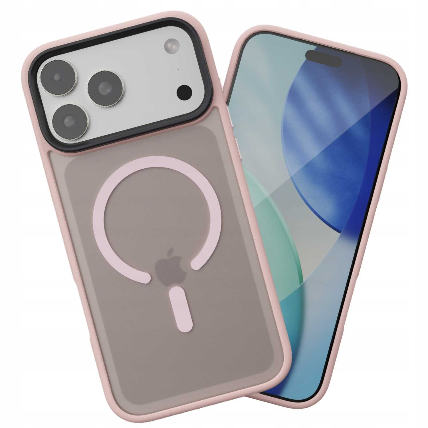 Dwa smartfony w różowych etui. Jeden pokazuje ekran, drugi ma magnetyczny design ładowania z tyłu.