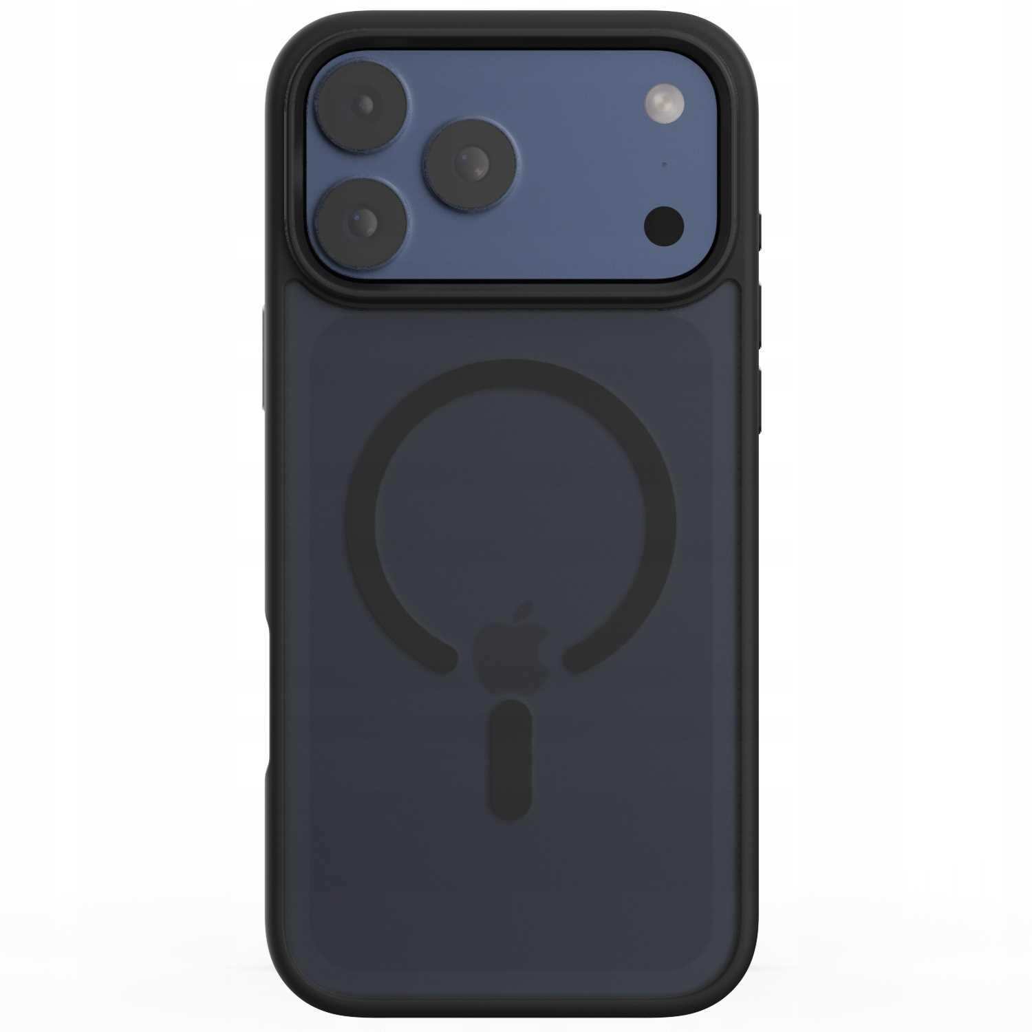 Ciemnoniebieskie etui na iPhone'a z czarną obwódką. Ma trzy obiektywy aparatu i logo Apple. Etui ma pierścień magnetyczny.