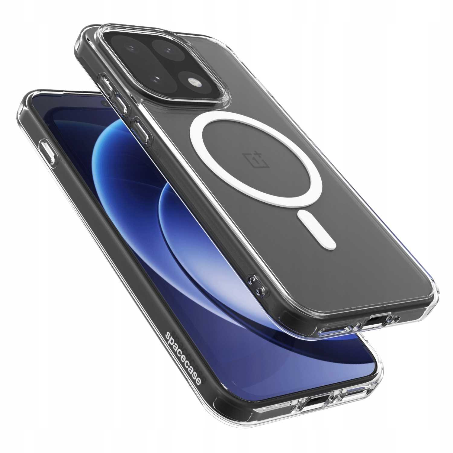Przezroczyste etui na telefonie z niebieskim telefonem. Etui ma biały pierścień i logo. Na dolnym etui napis "spacecase".