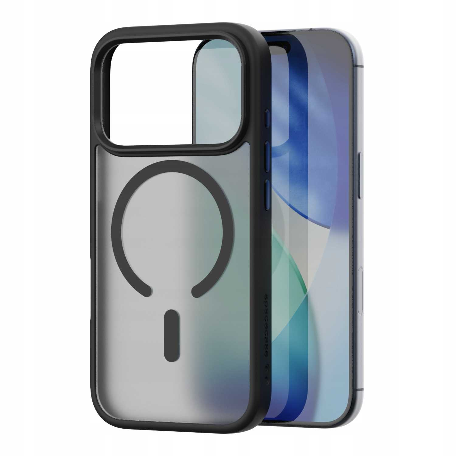 Czarne etui na telefon z przezroczystym tyłem, częściowo zakrywające telefon. Etui ma okrągły kształt i funkcję magnetyczną.