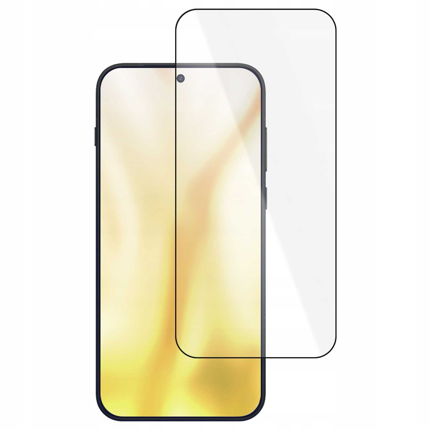 Smartfon z ochraniaczem ekranu. Telefon jest czarny z gradientowym złotym ekranem. Ochraniacz jest przezroczysty.