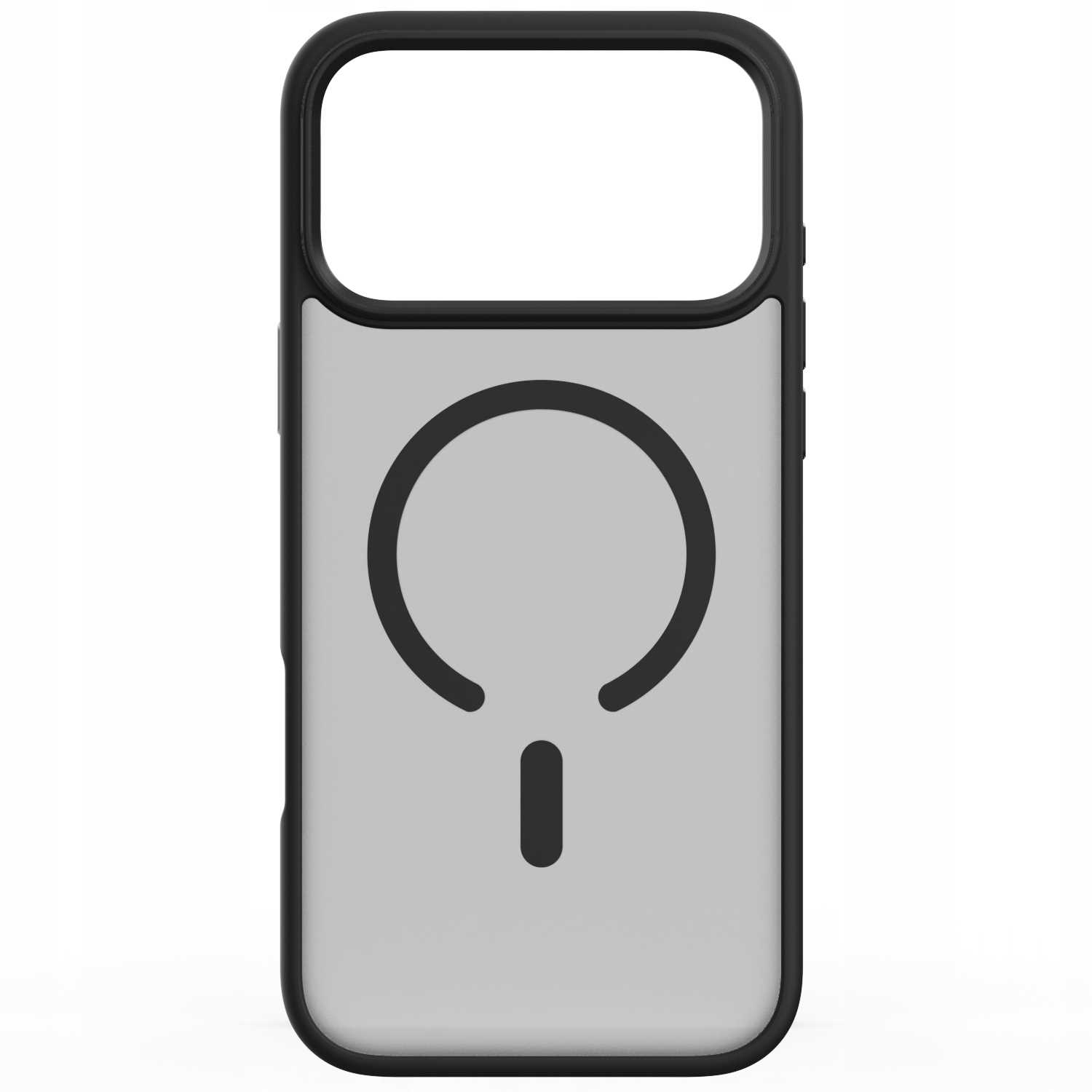 Etui na telefon z czarną ramką i szarym wnętrzem. Czarny okrąg z krótką linią poniżej znajduje się na środku.