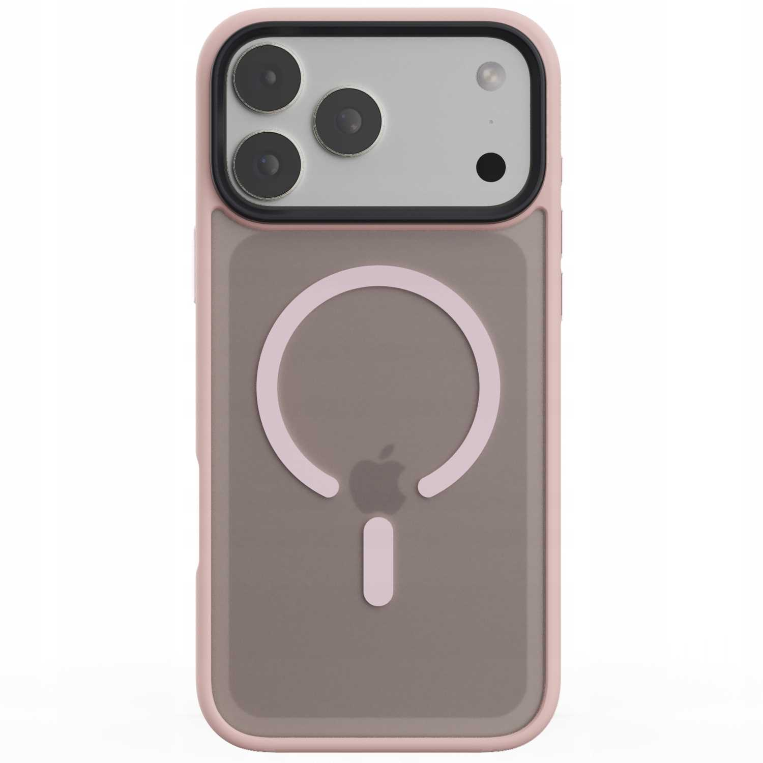 Różowe i szare etui na iPhone'a z magnetycznym okręgiem i logo Apple. Etui ma wycięcia na aparat i przezroczysty tył.