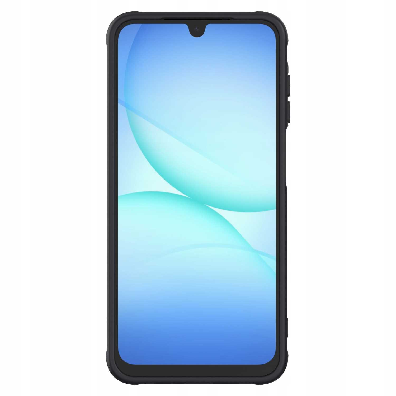 Smartfon w czarnym etui. Ekran wyświetla niebieski gradient z białymi i zielonymi okrągłymi kształtami.