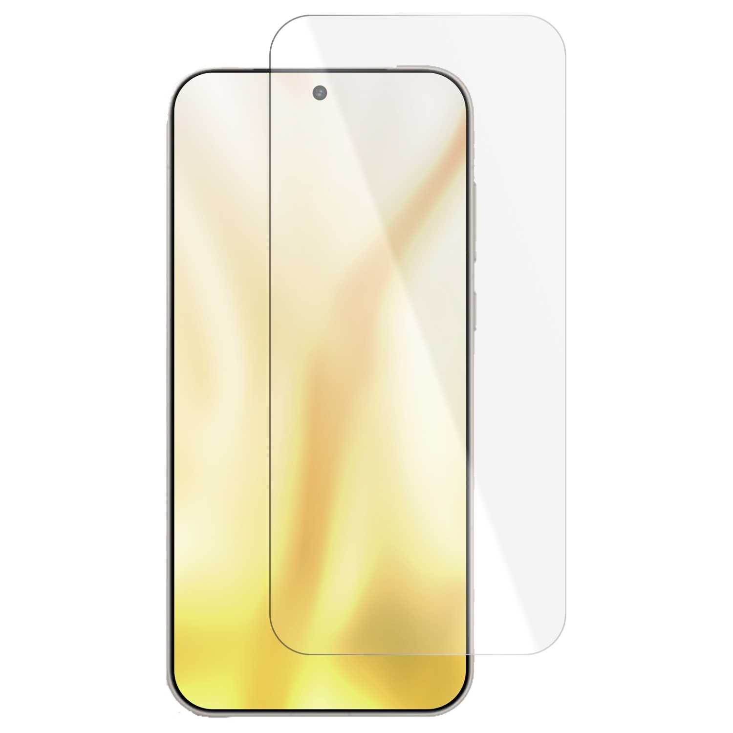 Smartfon z ochraniaczem ekranu. Telefon ma złote gradientowe tło. Ochraniacz jest przezroczysty, prostokątny.