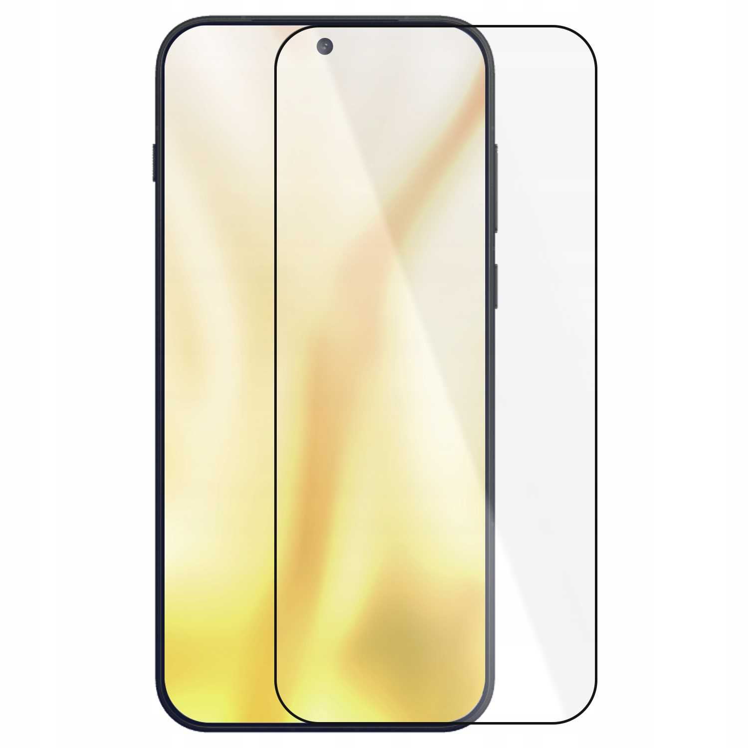 Smartfon z nałożonym ochraniaczem ekranu. Telefon jest czarny, z zaokrąglonym ekranem. Ochraniacz jest przezroczysty.