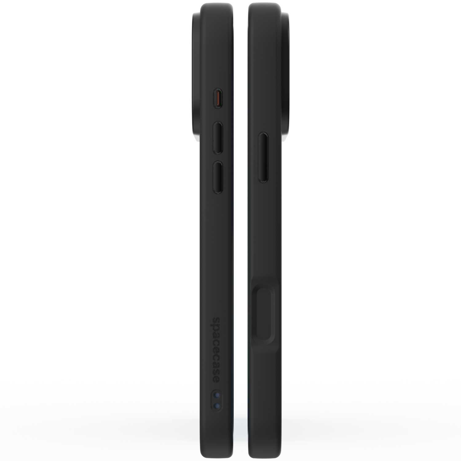 Dwa czarne etui na telefon obok siebie, pokazujące widoki z boku. Jeden ma przyciski, a drugi wycięcie.