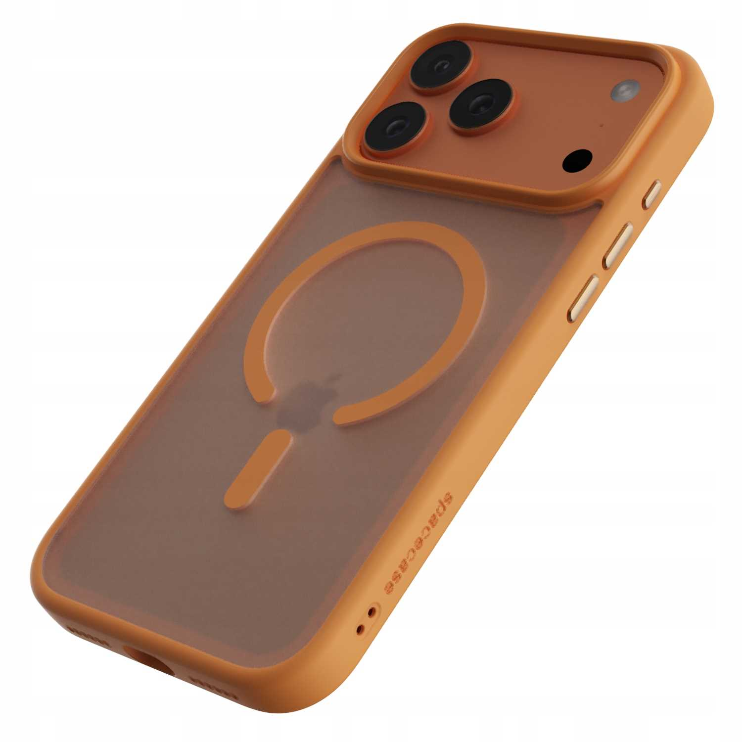 Pomarańczowe etui na telefon z przezroczystym tyłem i okrągłym wzorem. Etui ma trzy otwory na aparat i markę 'spacecase'.