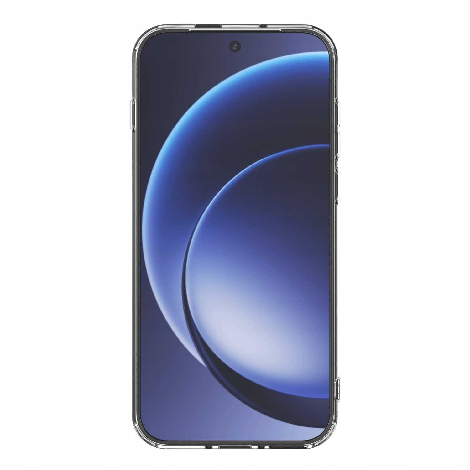 Smartfon z przezroczystym etui. Ekran wyświetla niebieskie i białe zakrzywione kształty na ciemnym tle.