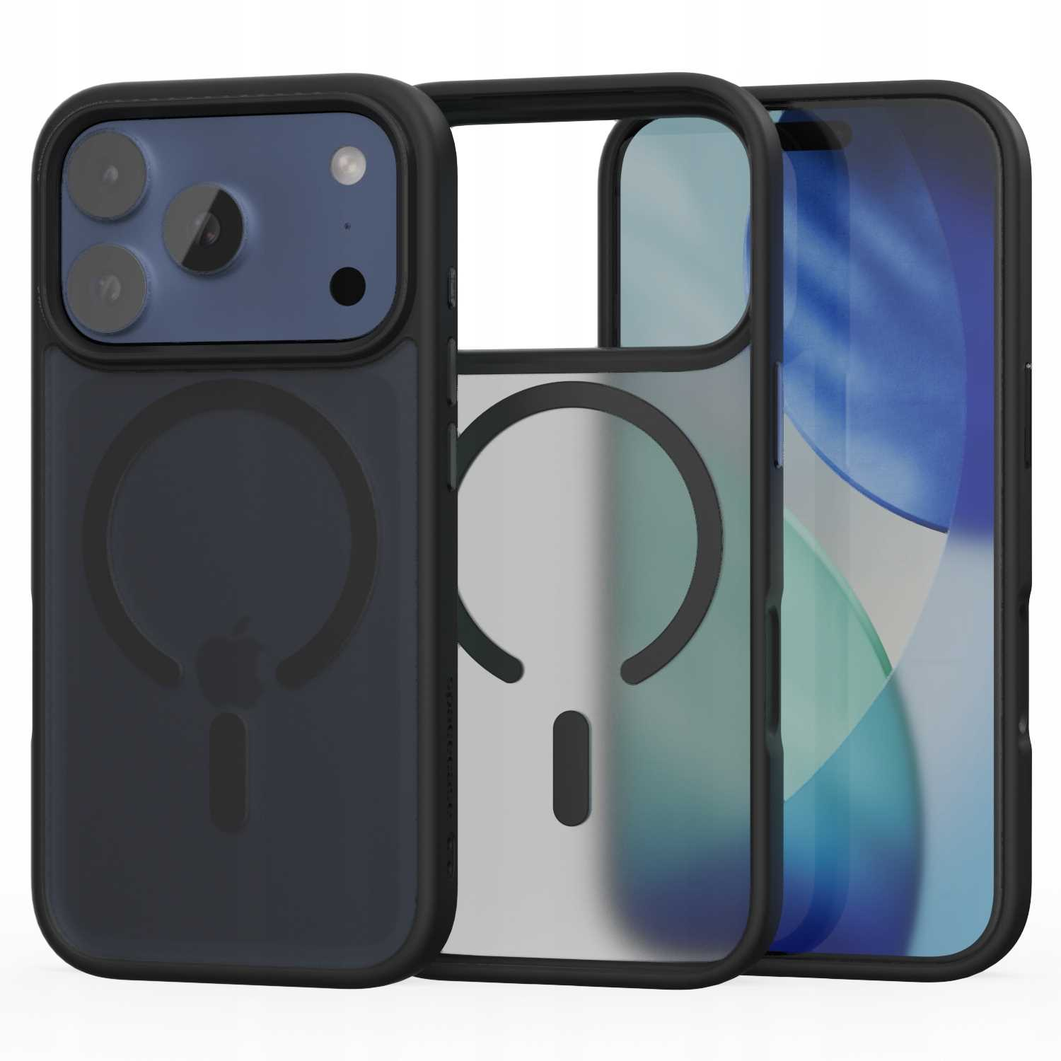 Trzyczęściowe etui na telefon: czarny tył, przezroczysty środek i ekran telefonu. Logo Apple z tyłu. Widoczne kamery.