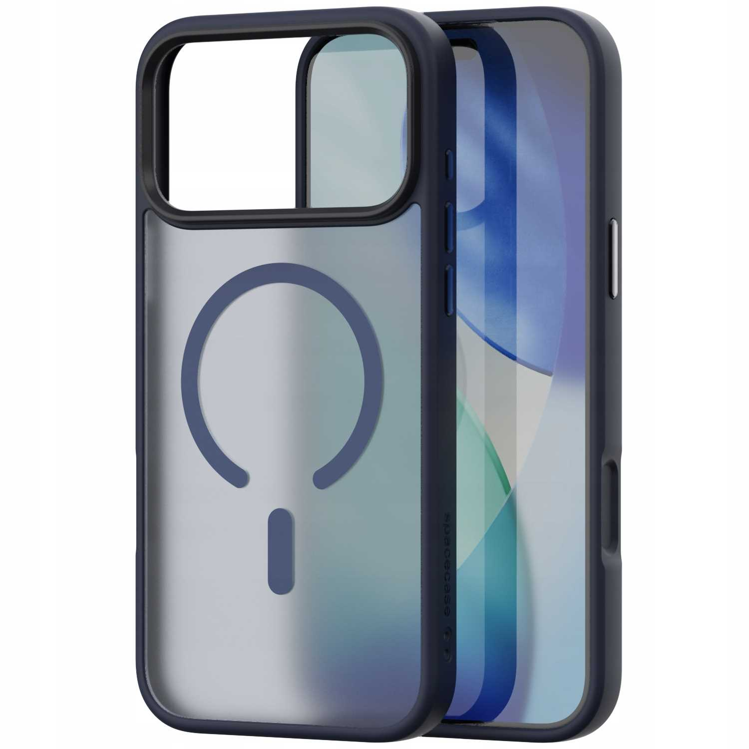 Ciemnoniebieskie etui na telefon z przezroczystym tyłem i magnetycznym okręgiem. Etui jest na białym tle.