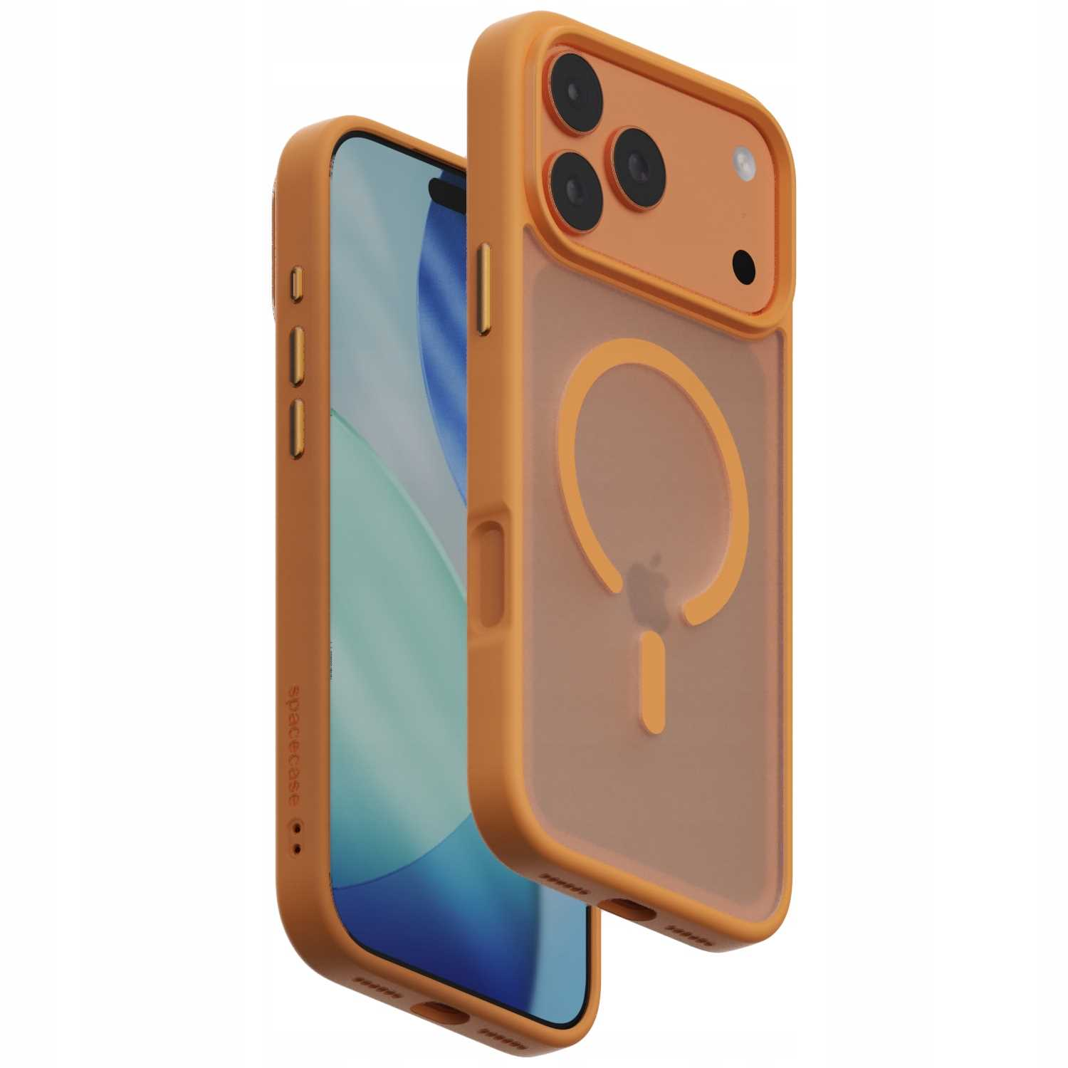 Pomarańczowe etui na telefon z dołączonym telefonem. Etui ma przezroczysty tył z pomarańczowym logo Apple. Ekran telefonu jest widoczny.