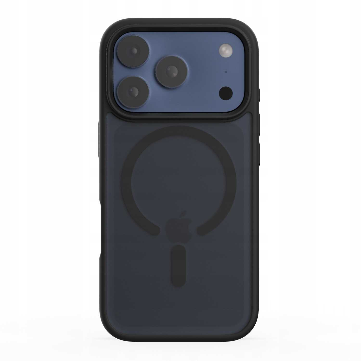 Ciemnoniebieski iPhone w czarnym etui. Etui ma magnetyczne koło i logo Apple. Telefon ma trzy kamery.