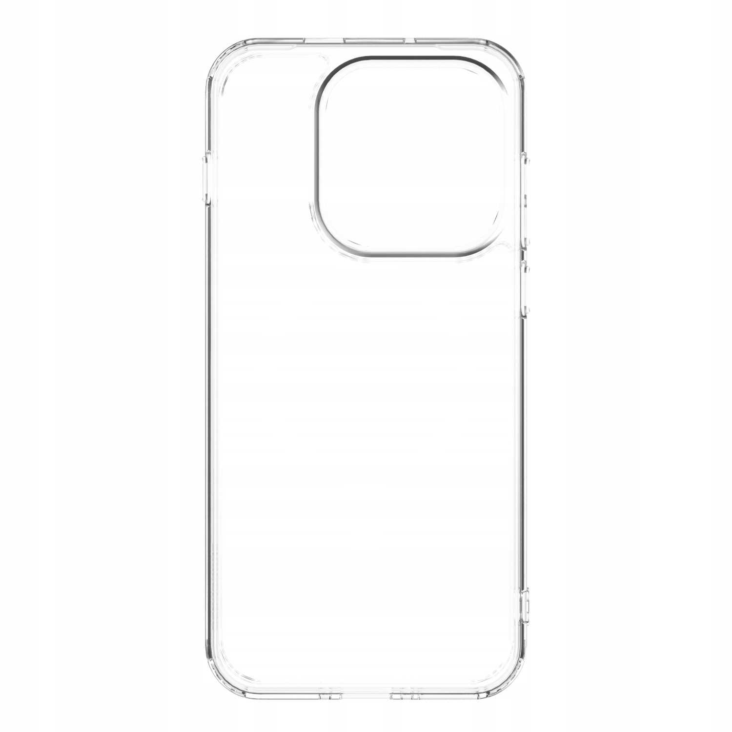 Przezroczyste, przezroczyste etui na telefon. Ma wycięcie na aparat i jest przeznaczone do telefonu. Tło jest białe.