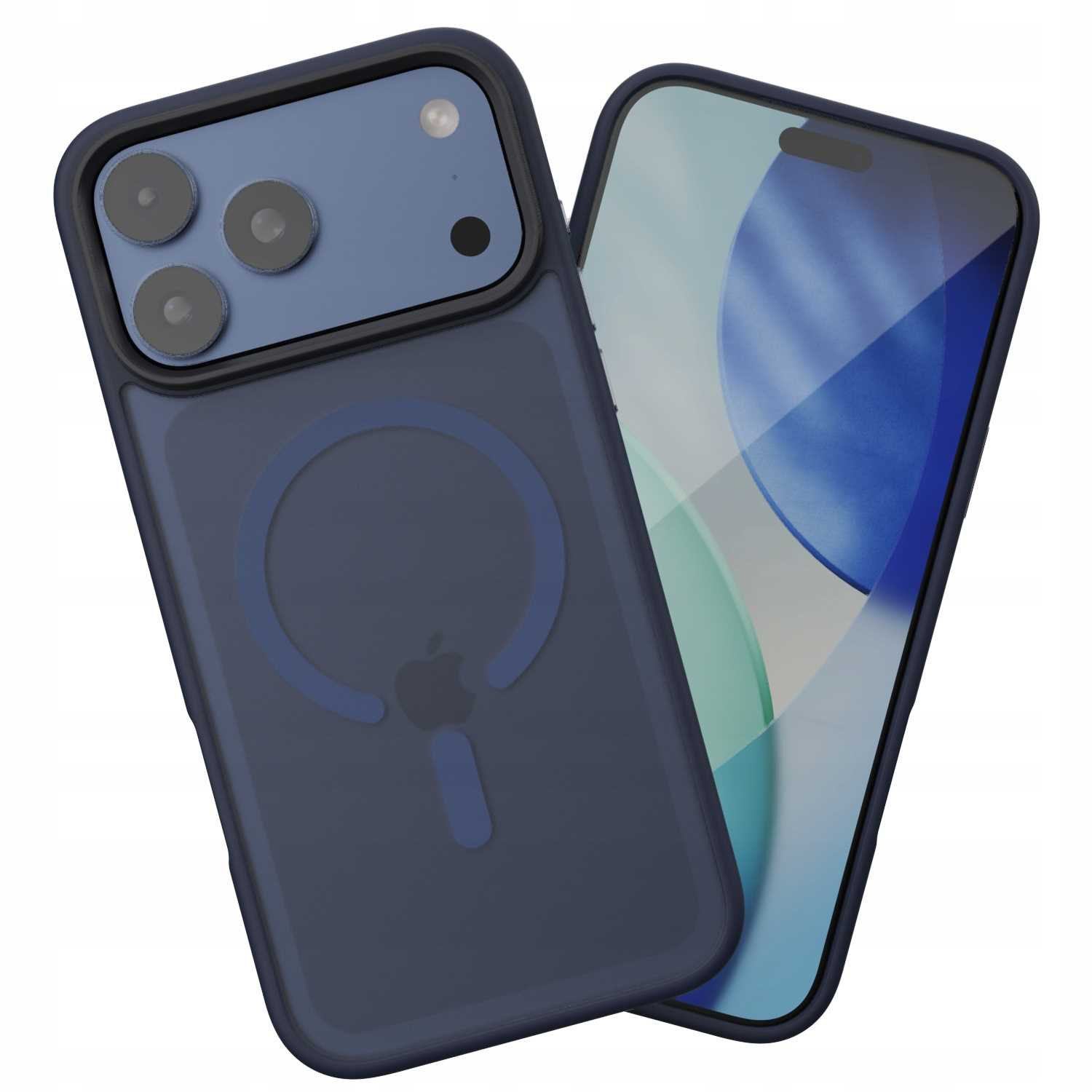 Dwa granatowe etui na iPhone'a. Jedno z telefonem w środku, drugie pokazuje tył z wycięciami na aparat i logo Apple.