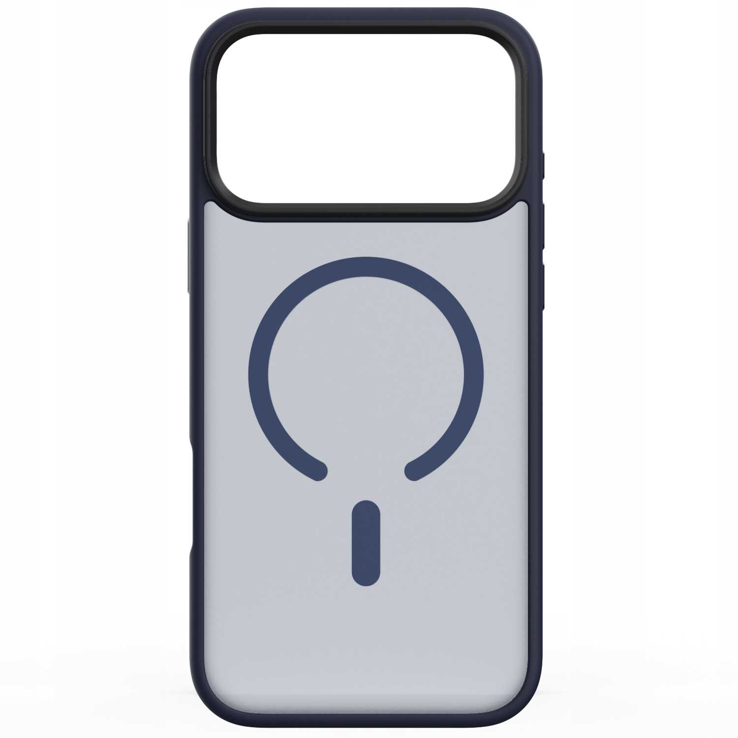 Etui na telefon z niebieską ramką i białym tłem. Niebieskie koło z linią poniżej znajduje się na środku.