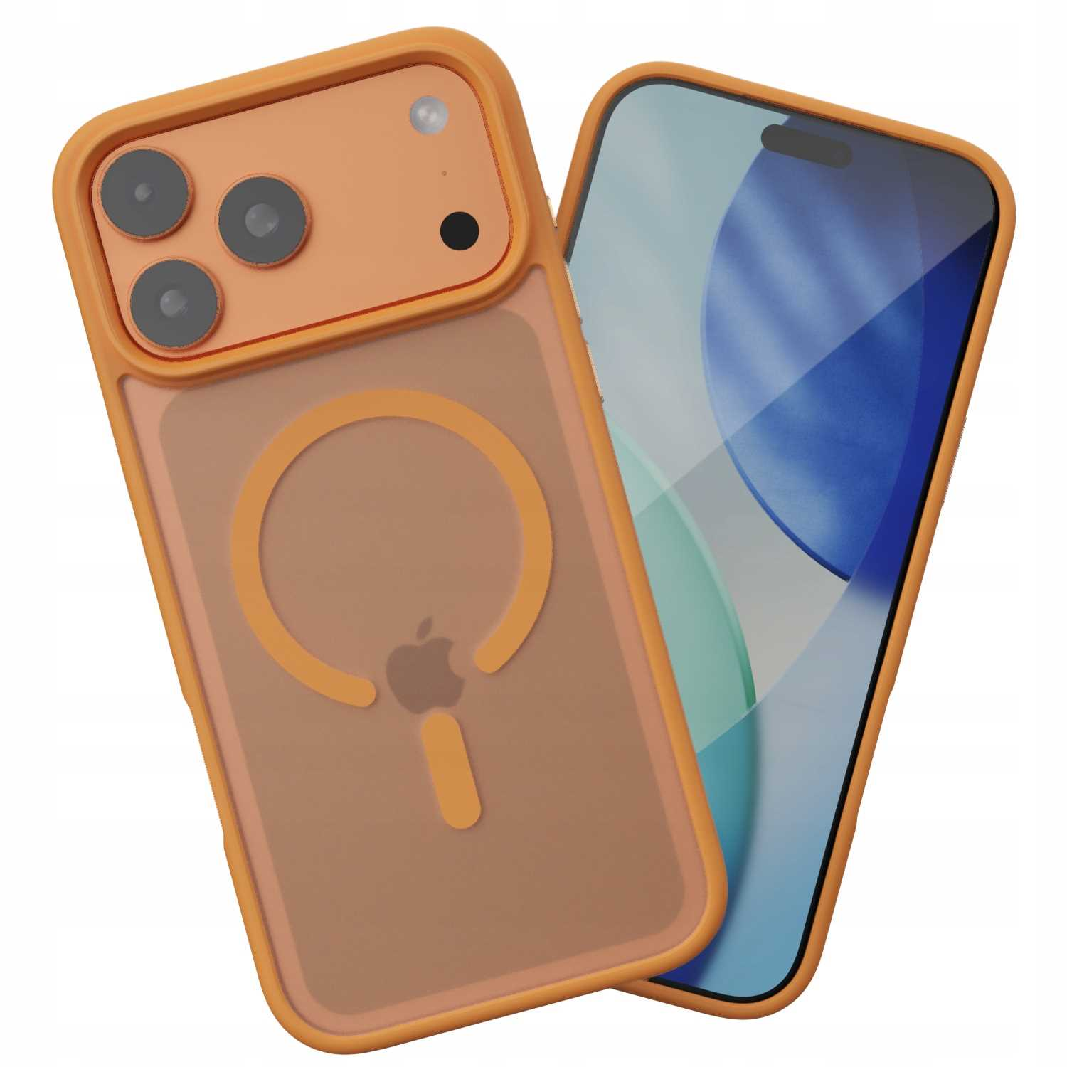 Pomarańczowe etui na telefon z logo Apple obok telefonu z niebieskim ekranem. Etui ma kilka wycięć na aparat.