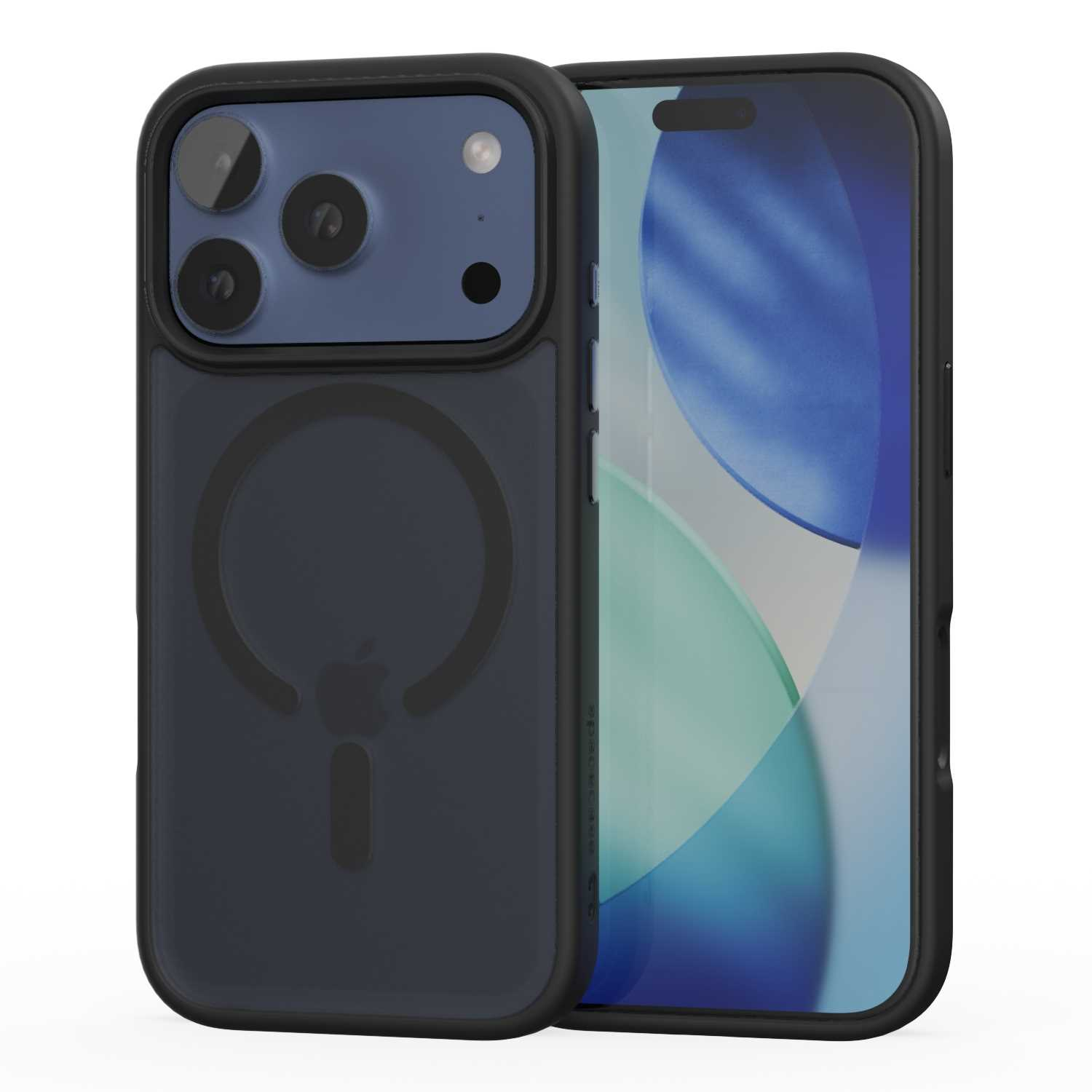 Ciemnoniebieski iPhone w czarnym etui ochronnym. Etui ma pierścień MagSafe i logo Apple z tyłu.